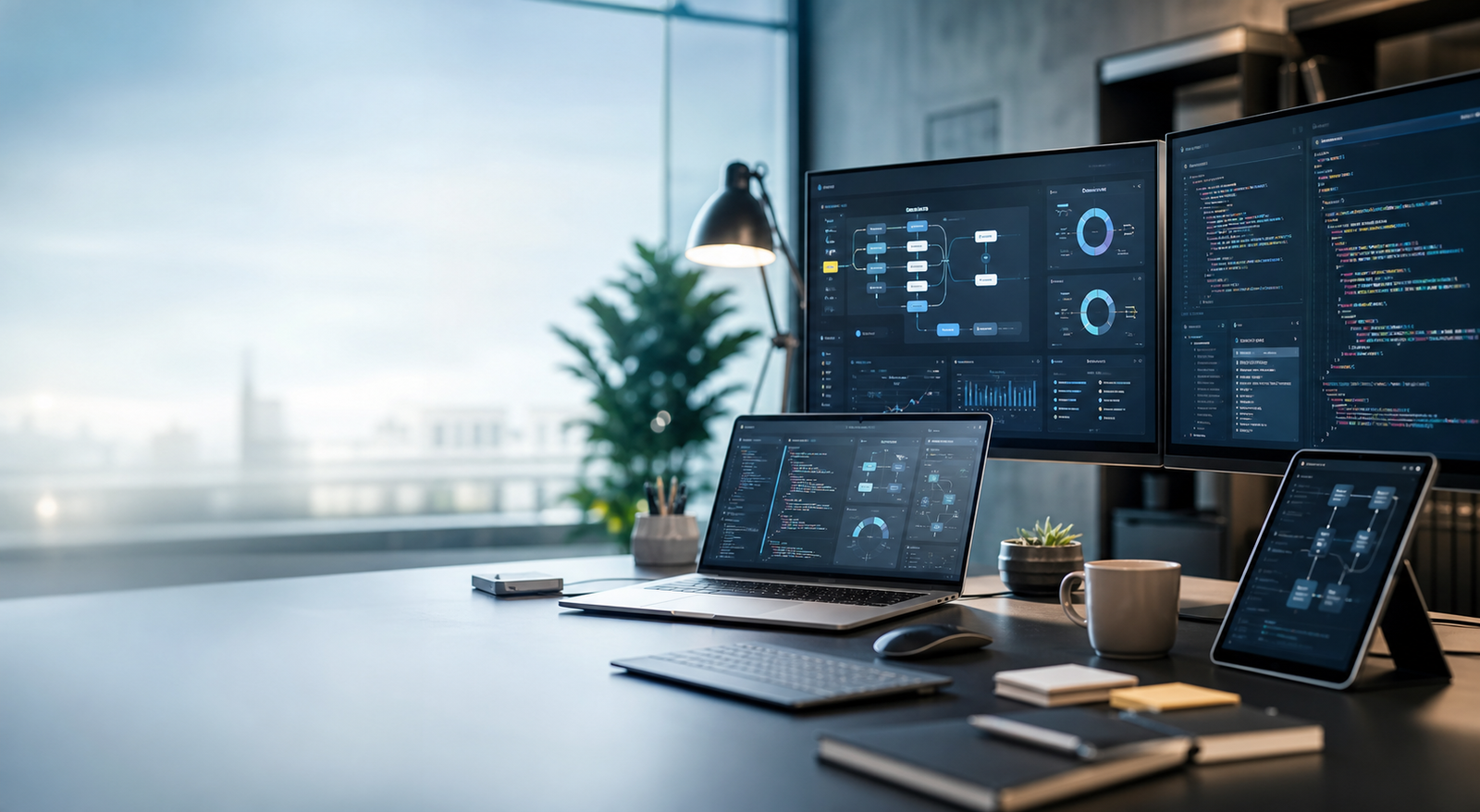 Modern software development workspace with business application dashboards
